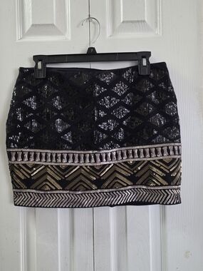 Express Black Sequin Mini Skirt with Black & Gold Trim
